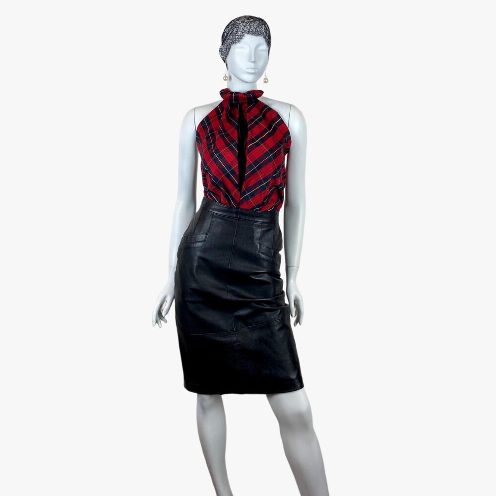 Vintage Womens Black Real Leather Pencil Skirt Minimalist Chic 90s